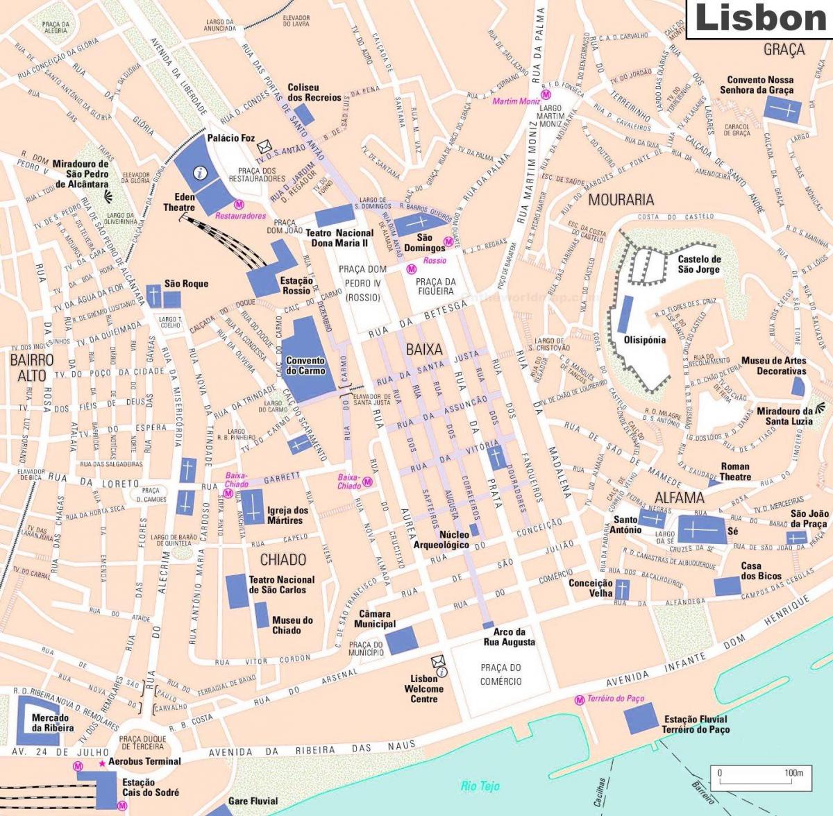 mapa de centro de la ciudad de lisboa, portugal